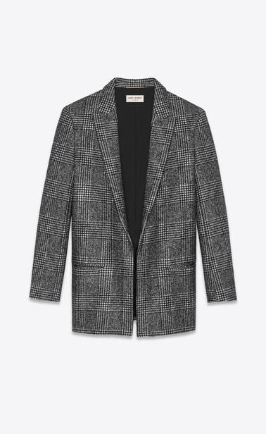 Jacket with glen plaid print in black and white.